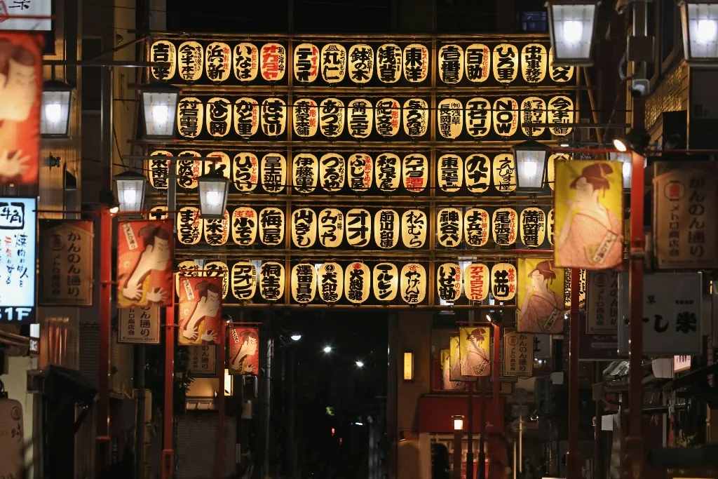 A wall of paper lanterns in an Asakusa street
