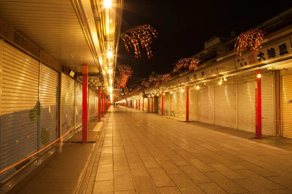 Nakamise shopping street at night with its shutters down