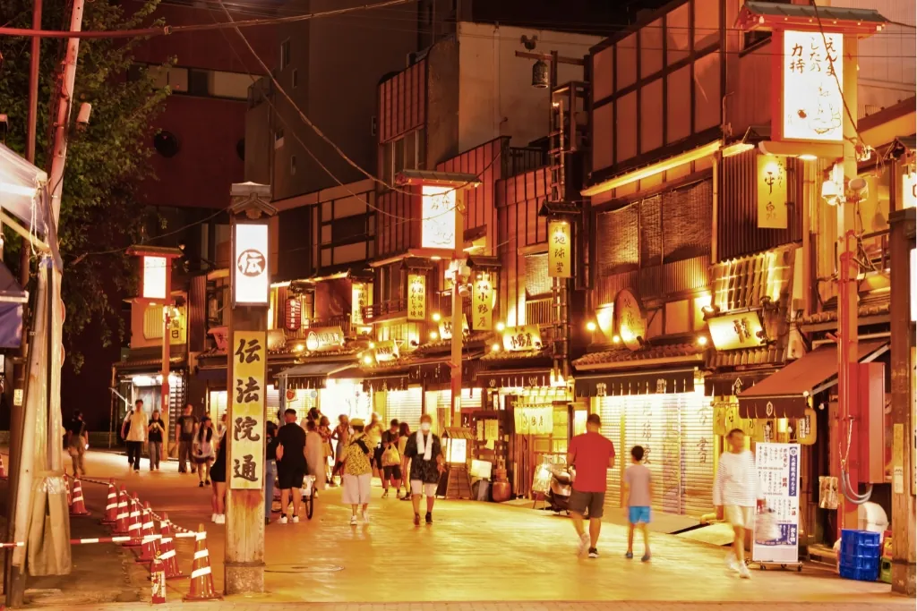 Denboin-dori street in Asakusa glowing with lanterns in the evening