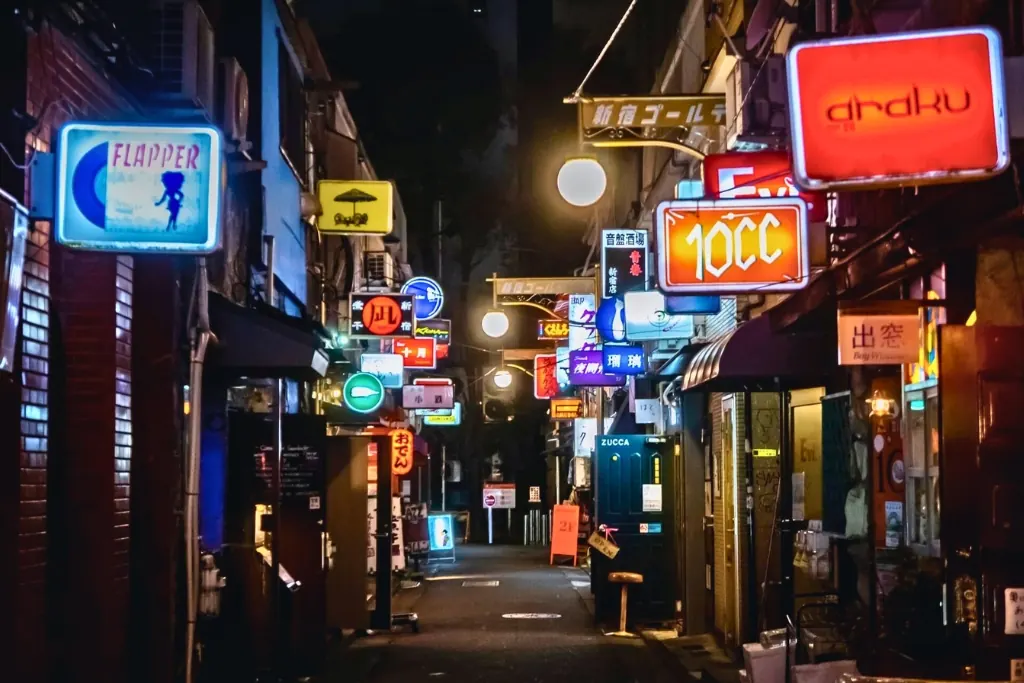 A neon-lit alley in Golden Gai