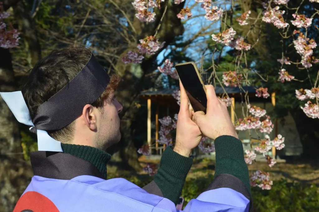 A guest photographing cherry blossoms