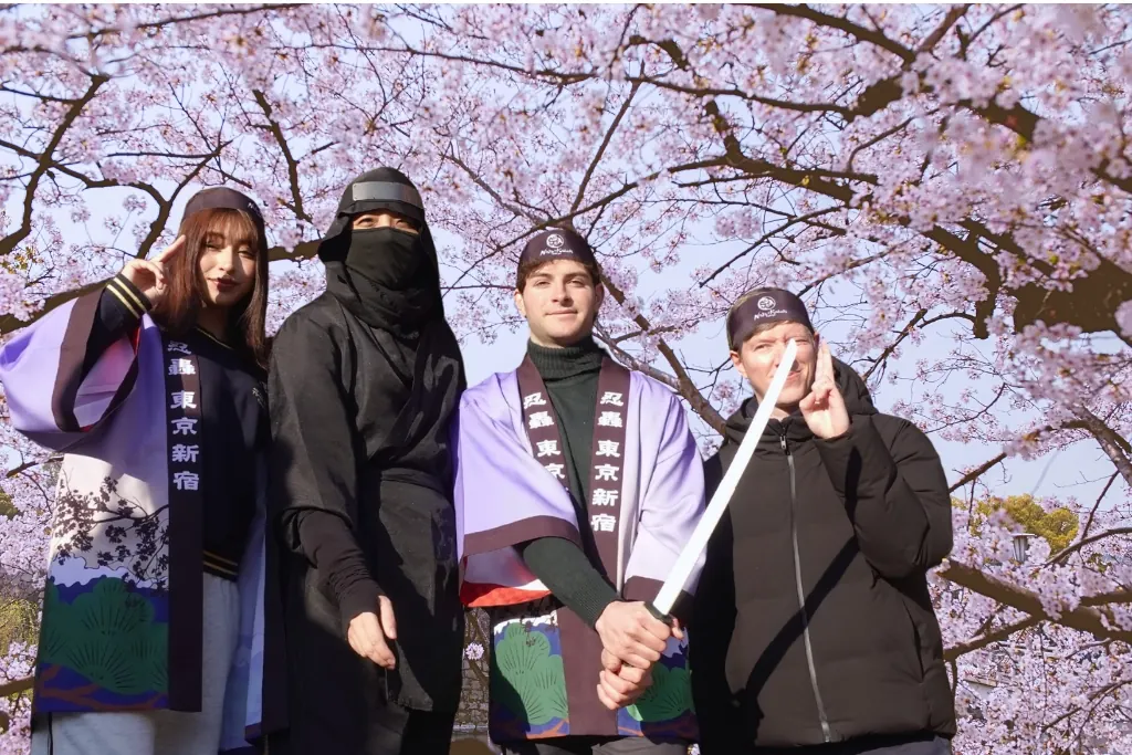 A group photo under the cherry trees
