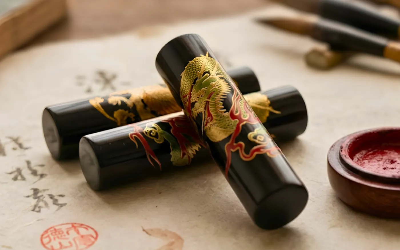 Traditional Japanese hanko name stamps with red ink