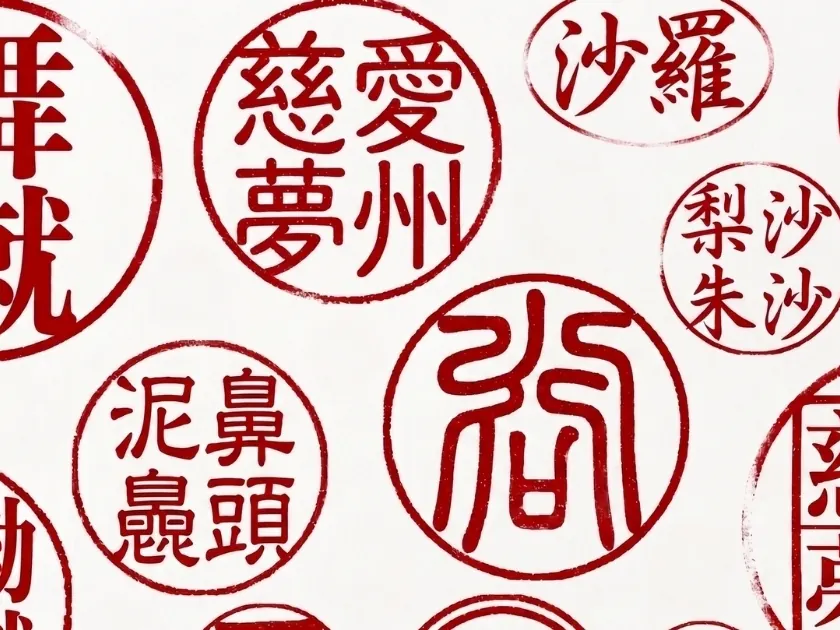 Kanji names carved as red hanko stamp impressions